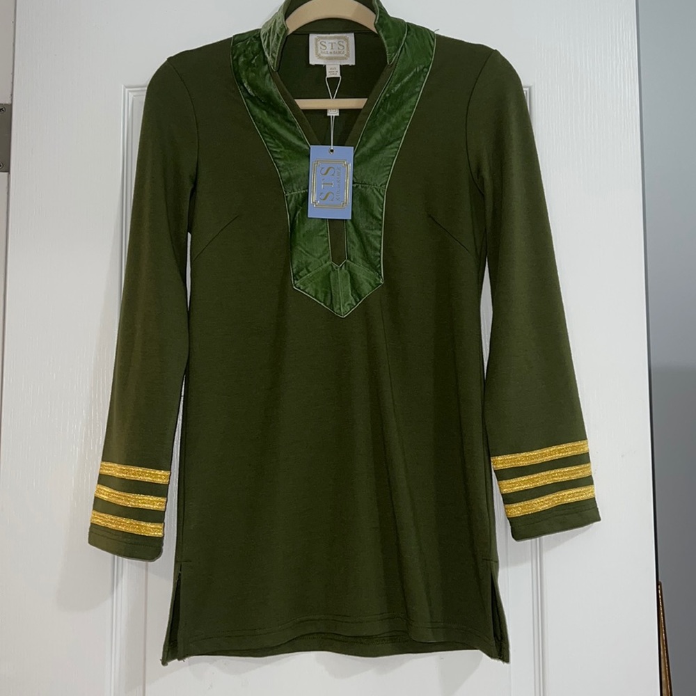 Sail to Sable XXS Green Tunic Top with gold trim NWT